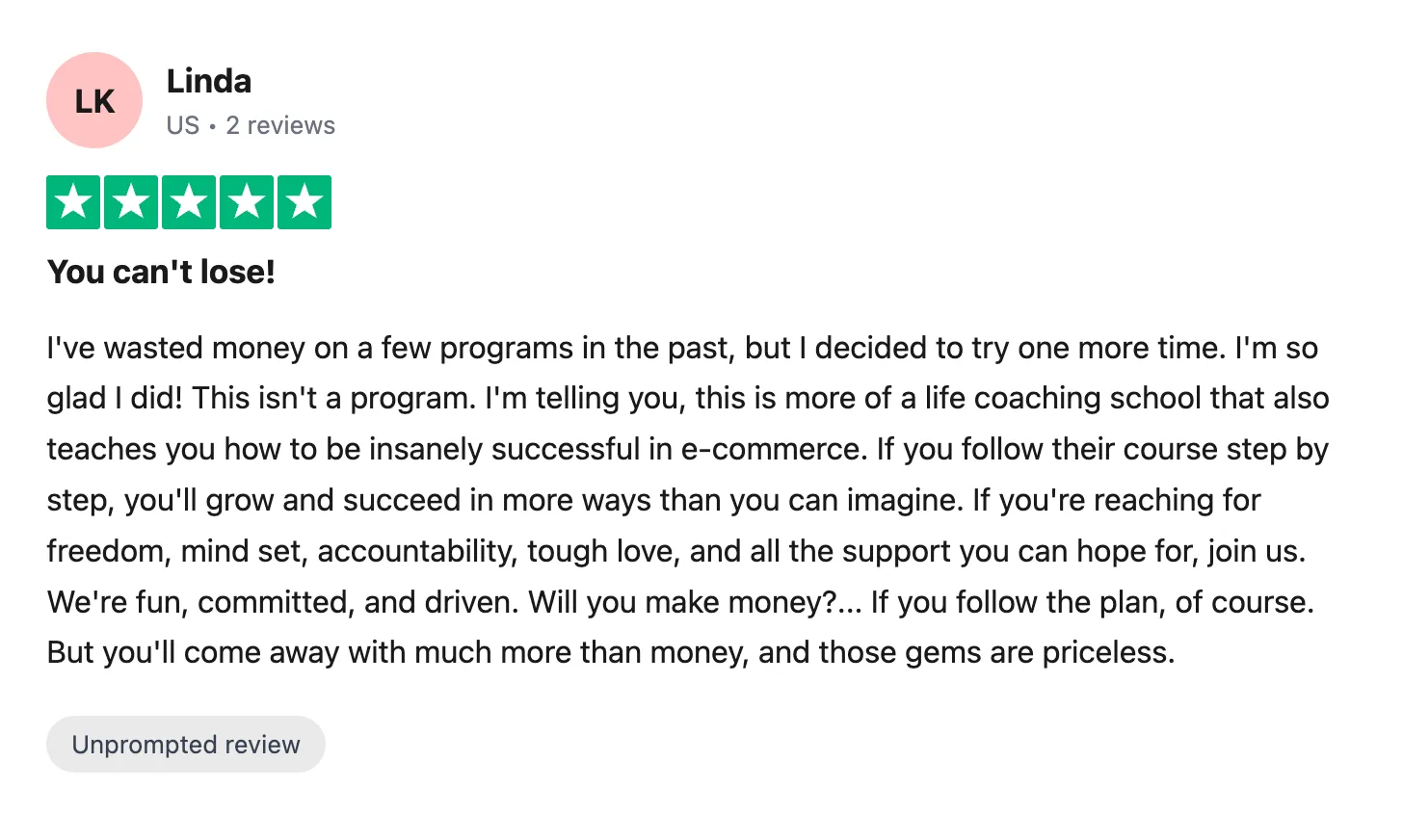 Trustpilot review — Linda (#46)