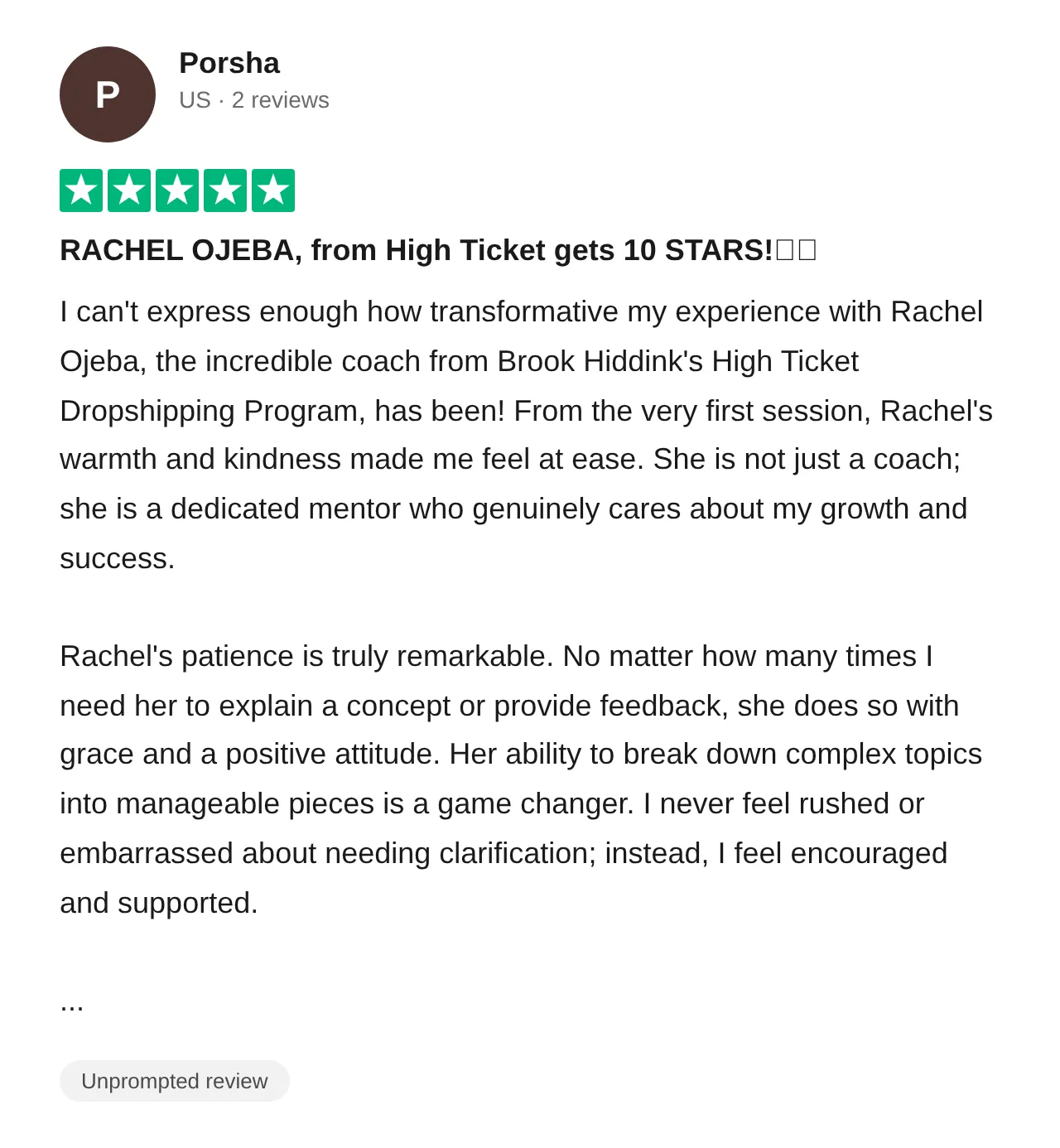 Trustpilot review — Porsha (#59)