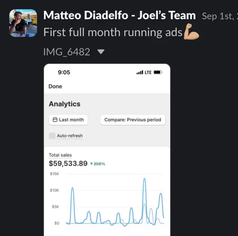 Matteo's revenue screenshot — $59K first month